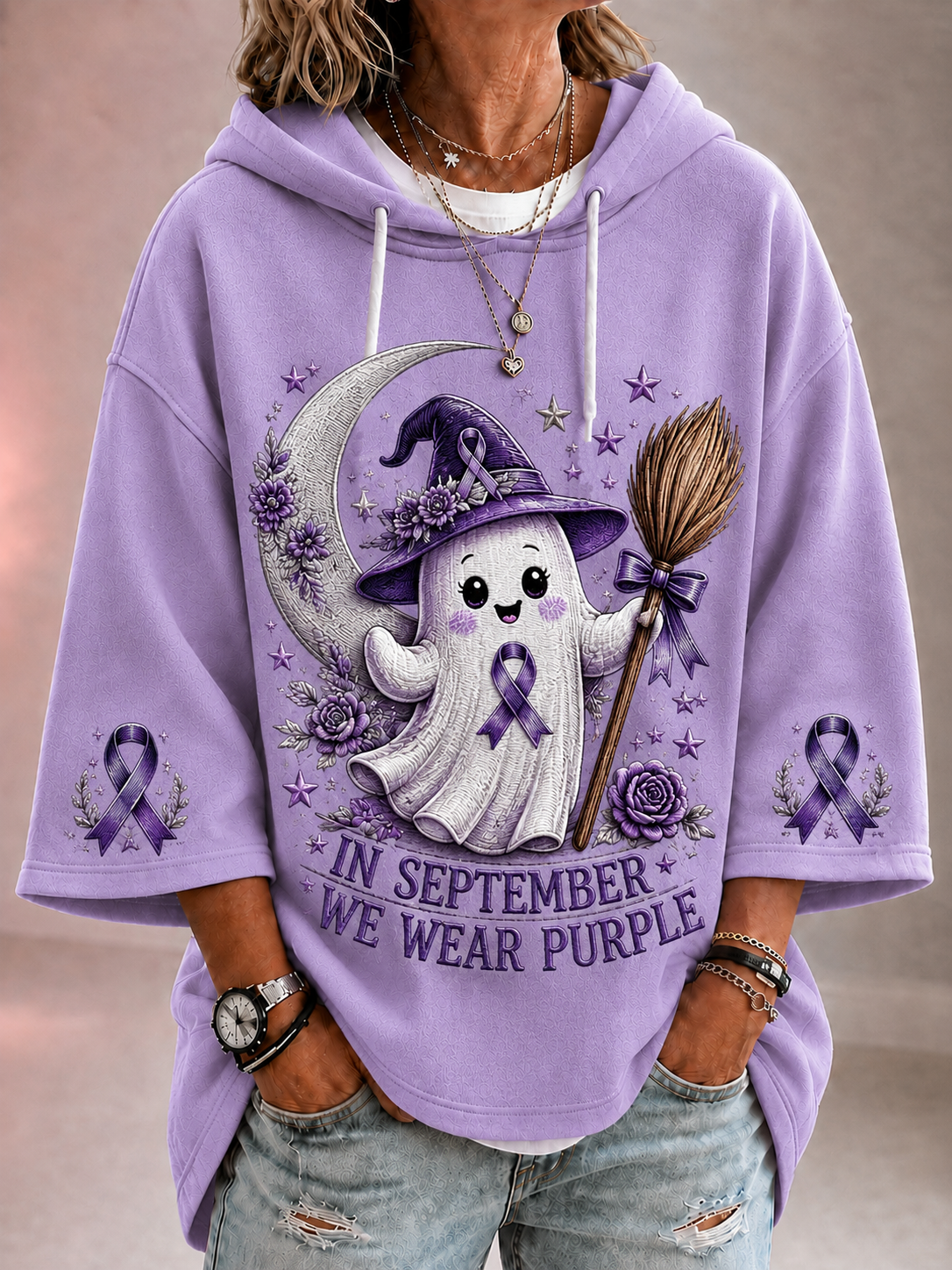 Kvinnors I september bär vi lila hoodie