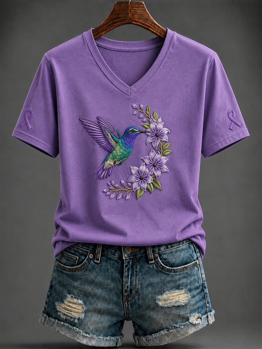 Dammadens Alzheimersjukdom lila konsttryckt t-shirt med v-ringning