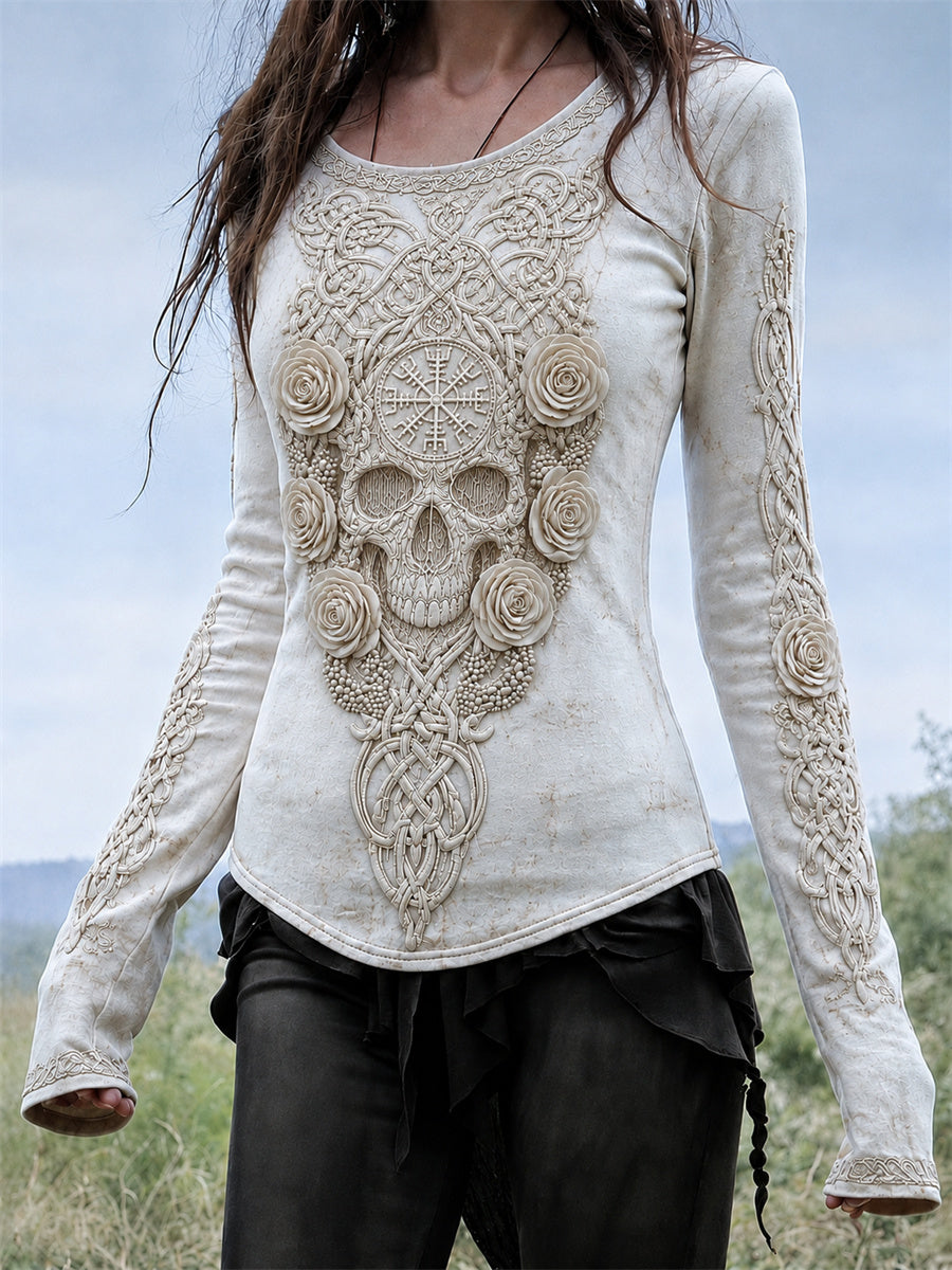 Damer Elegant keltiskt dödskalle- och rosor-motiv vikingatidens Vegvisir keltisk knut tryckt rundhalsad långärmad t-shirt