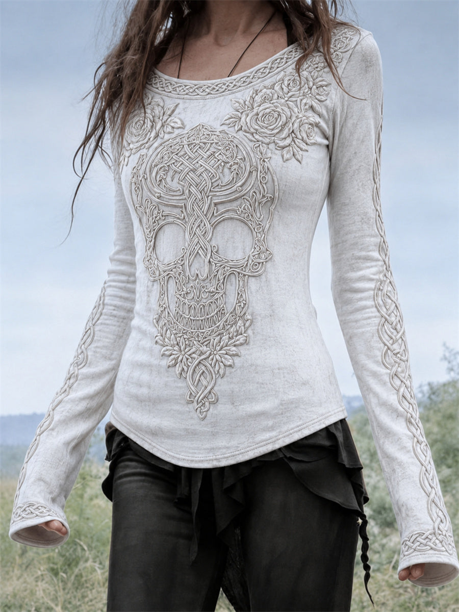 Damer Elegant keltiskt dödskalle- och rosor-mönster vikingakeltisk knutmönstrad t-shirt med rund halsringning och lång ärm