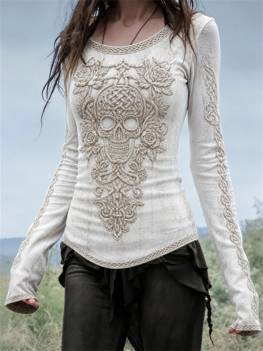Damer Elegant keltiskt dödskalle- och rosor-mönster vikingakeltisk knutmönstrad t-shirt med rund halsringning och lång ärm