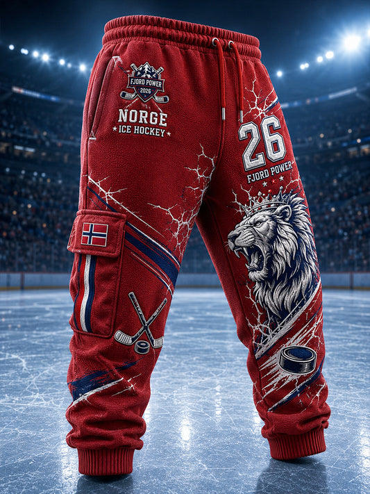 Idrettsbukser med print inspirert av herrehockey på is