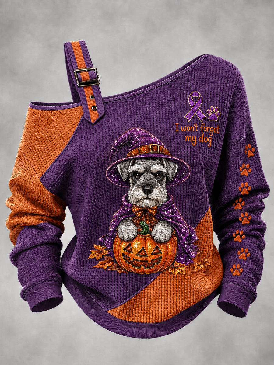 Damtröja med hundmotiv till halloween, tryckt med alzheimers-tema, på en axel, våffelmönstrad och avslappnad sweatshirt