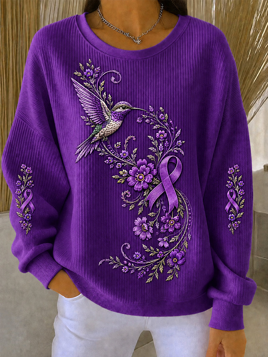 Dammuddning i lila med blommor och kolibri för att uppmärksamma Alzheimers sjukdom