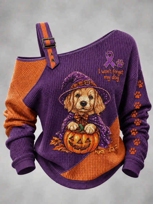 Kvinnors hund Halloween Alzheimers tryckta en axel våffla Casual Sweatshirt
