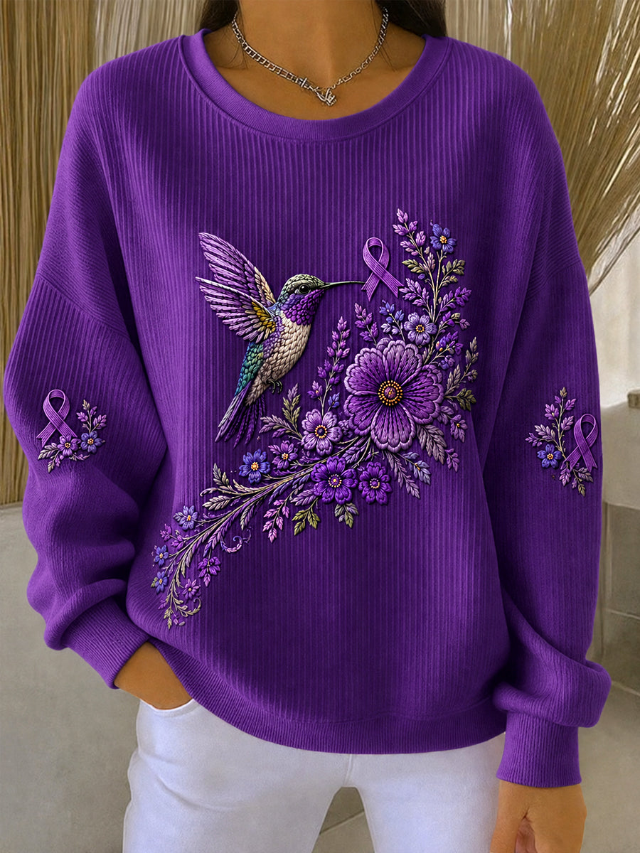Kvinnors lila blommor & Hummingbird Skriv ut Alzheimers medvetenhet Support Sweatshirt
