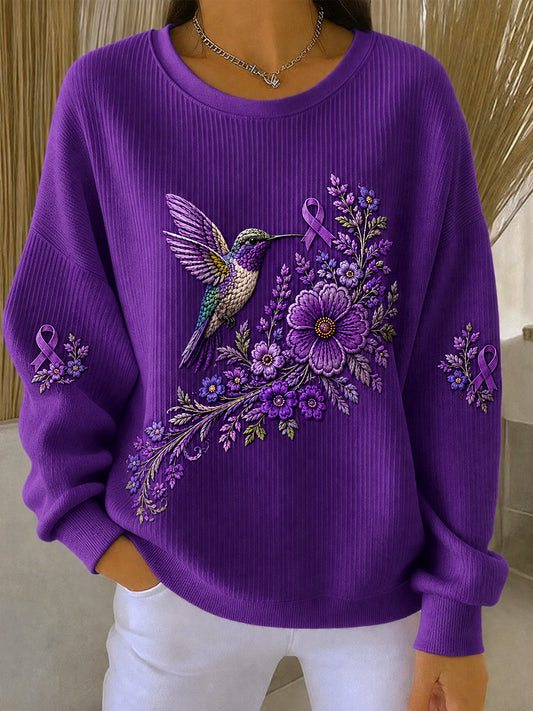 Kvinnors lila blommor & Hummingbird Skriv ut Alzheimers medvetenhet Support Sweatshirt