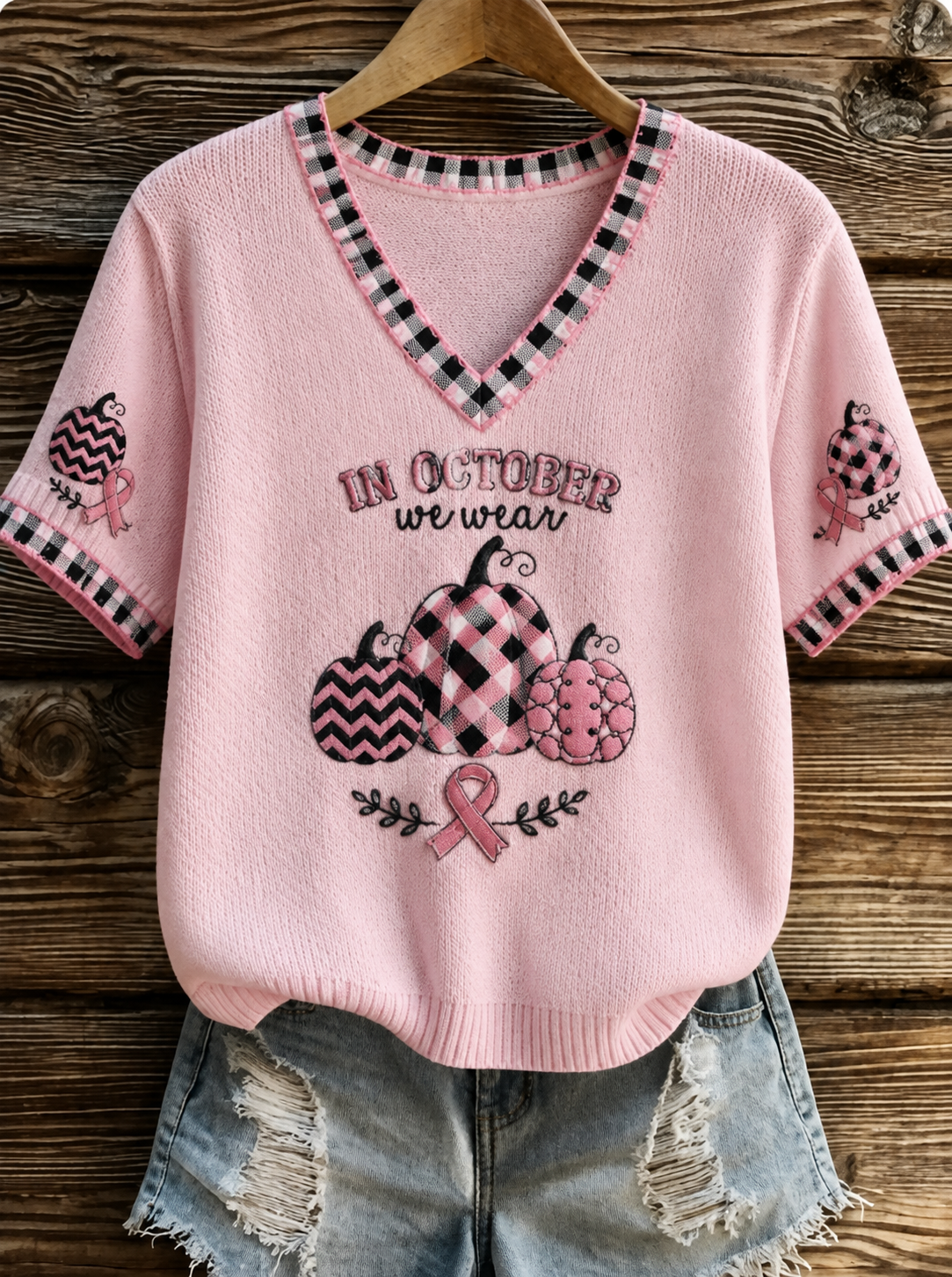 Kvinnors t-shirt i oktober där vi bär rosa