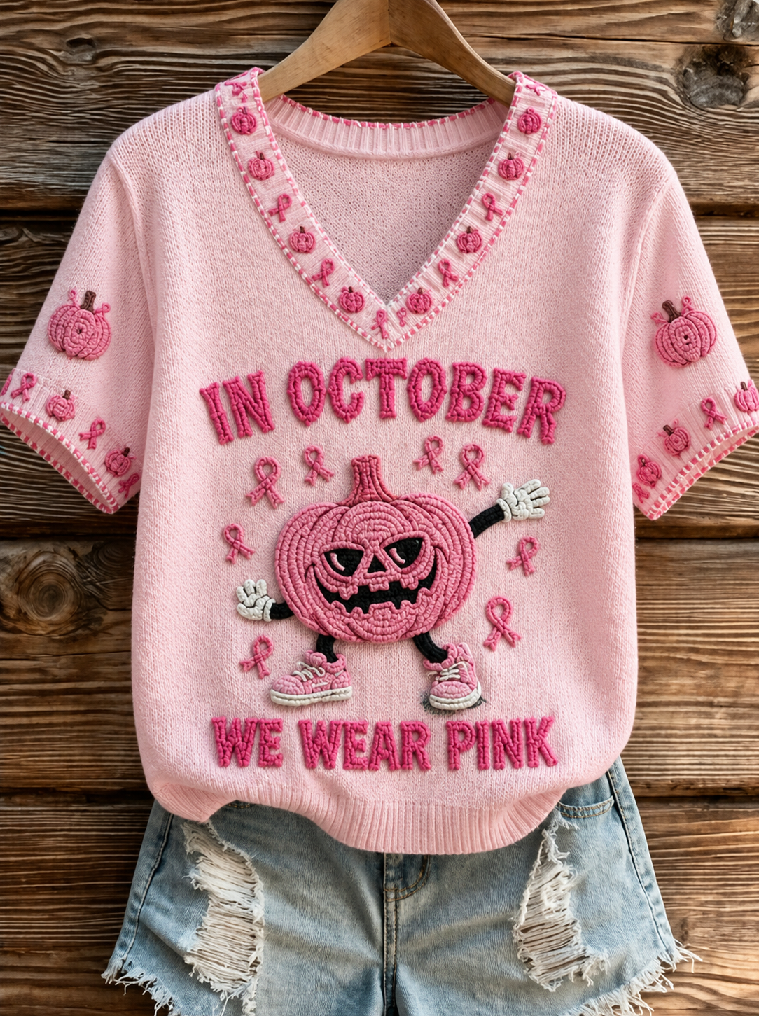 Kvinnors t-shirt i oktober där vi bär rosa