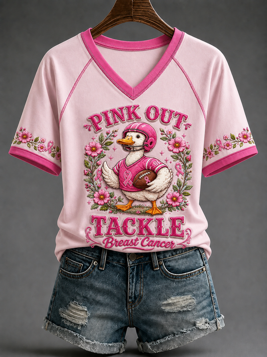 Kvinnor Pink Out V-hals Off-axel Kort-ärmad T-shirt