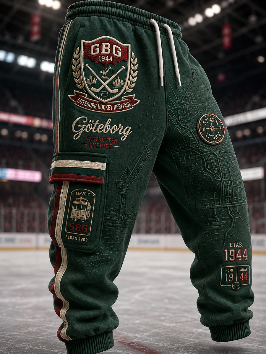 Herrliga 1944 Göteborg Hockeyarv-våffelmönstrade printad löparsweatbyxor, casual stil