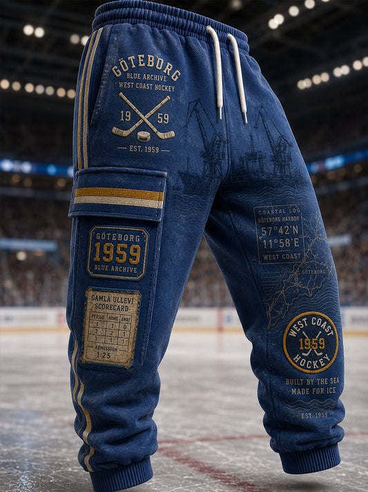 Herrliga 1944 Göteborg Hockeyarv-våffelmönstrade printad löparsweatbyxor, casual stil