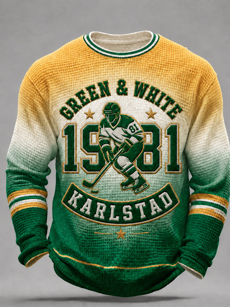 Åldrad GRÖN OCH VIT HOCKEY-Våffelstickad T-shirt