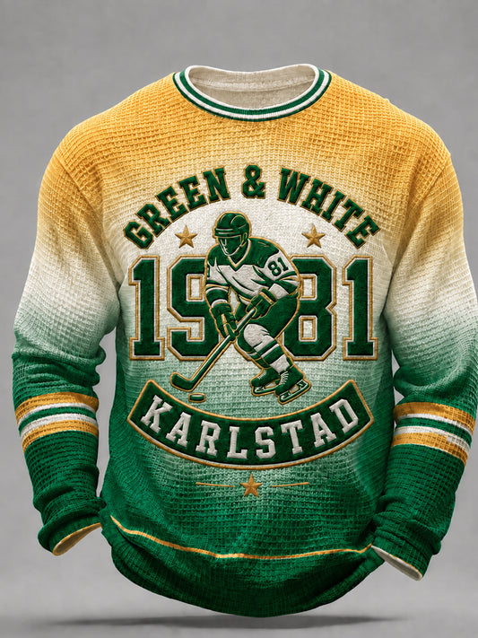 Åldrad GRÖN OCH VIT HOCKEY-Våffelstickad T-shirt
