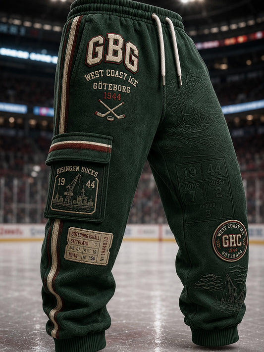 Herrliga 1944 Göteborg Hockeyarv-våffelmönstrade printad löparsweatbyxor, casual stil