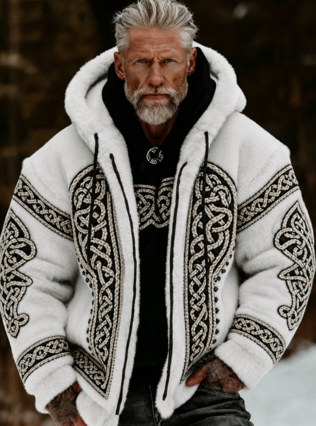 Herrlig viking- och keltiskt konstnärlig plyschjacka med dragkedja och huva, mysigt varm