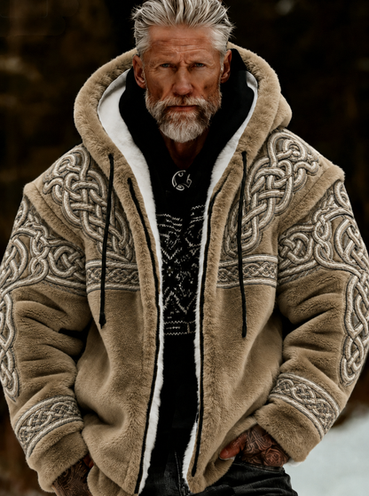 Herrlig viking- och keltiskt konstnärlig plyschjacka med dragkedja och huva, mysigt varm