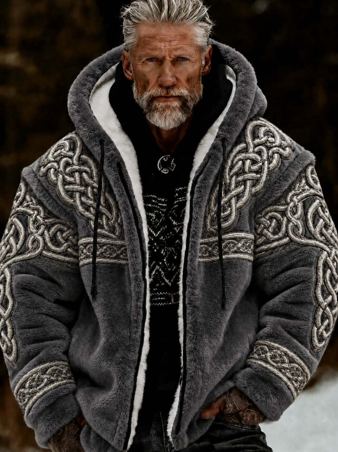 Herrlig viking- och keltiskt konstnärlig plyschjacka med dragkedja och huva, mysigt varm