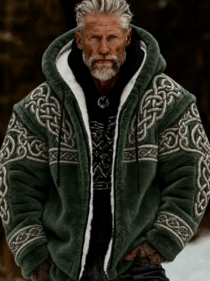 Herrlig viking- och keltiskt konstnärlig plyschjacka med dragkedja och huva, mysigt varm