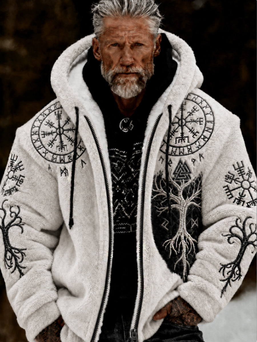 Herrlig viking- och keltiskt konstnärlig plyschjacka med dragkedja och huva, mysigt varm