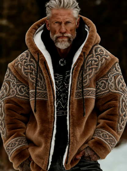 Herrlig viking- och keltiskt konstnärlig plyschjacka med dragkedja och huva, mysigt varm