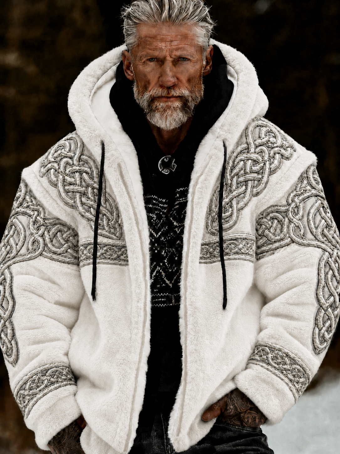 Herrlig viking- och keltiskt konstnärlig plyschjacka med dragkedja och huva, mysigt varm