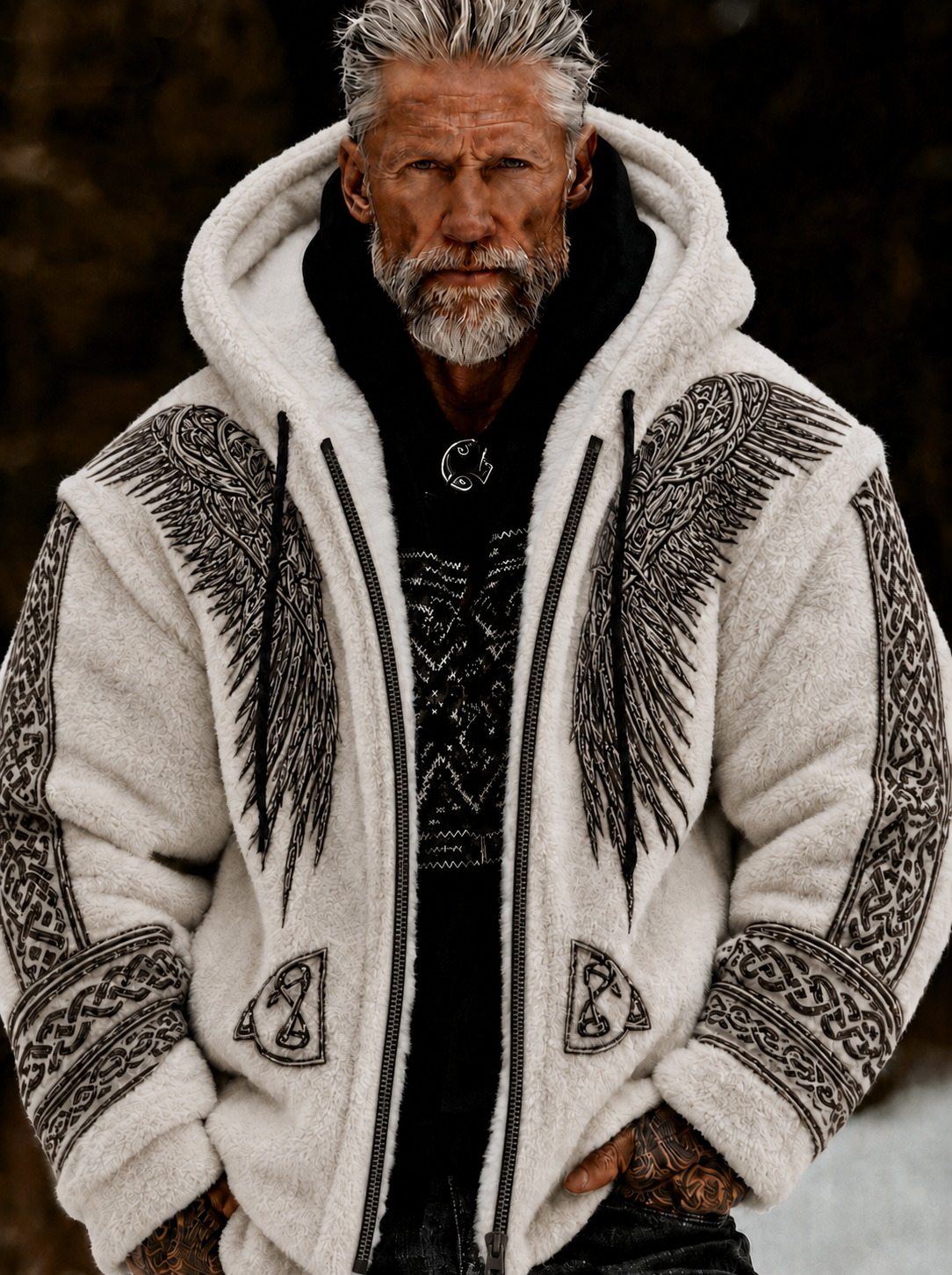 Herrlig viking- och keltiskt konstnärlig plyschjacka med dragkedja och huva, mysigt varm