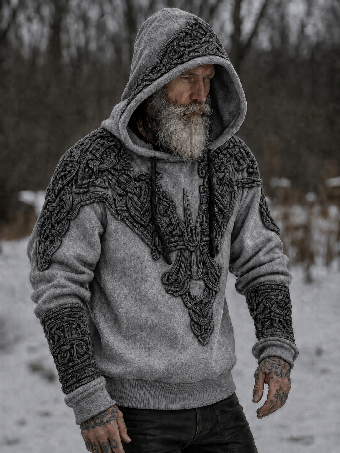 Herrlig vikingatotem-hoodie med tryckta runor