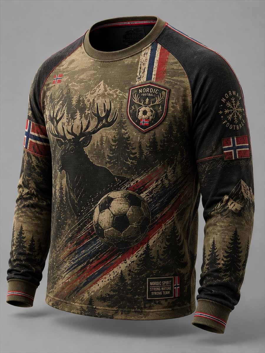 Vintage-luftet fotballsweatshirt for menn med norsk skogsdesign