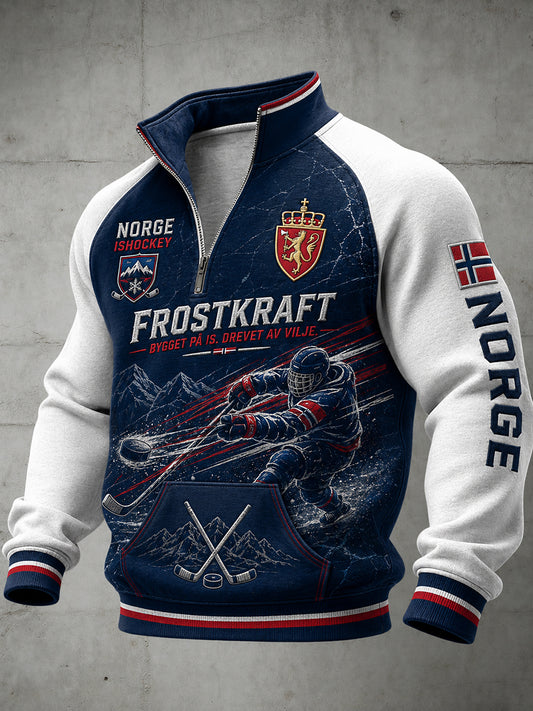 Herrtrøye med raglanermer og glidelås, med hockeymotiv