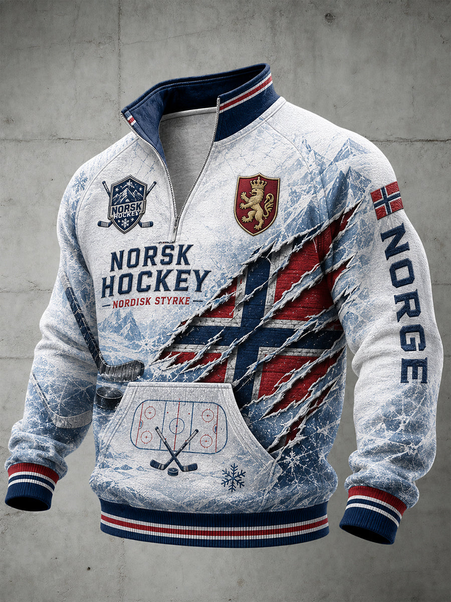 Herrtrøye med raglanermer og glidelås, med hockeymotiv