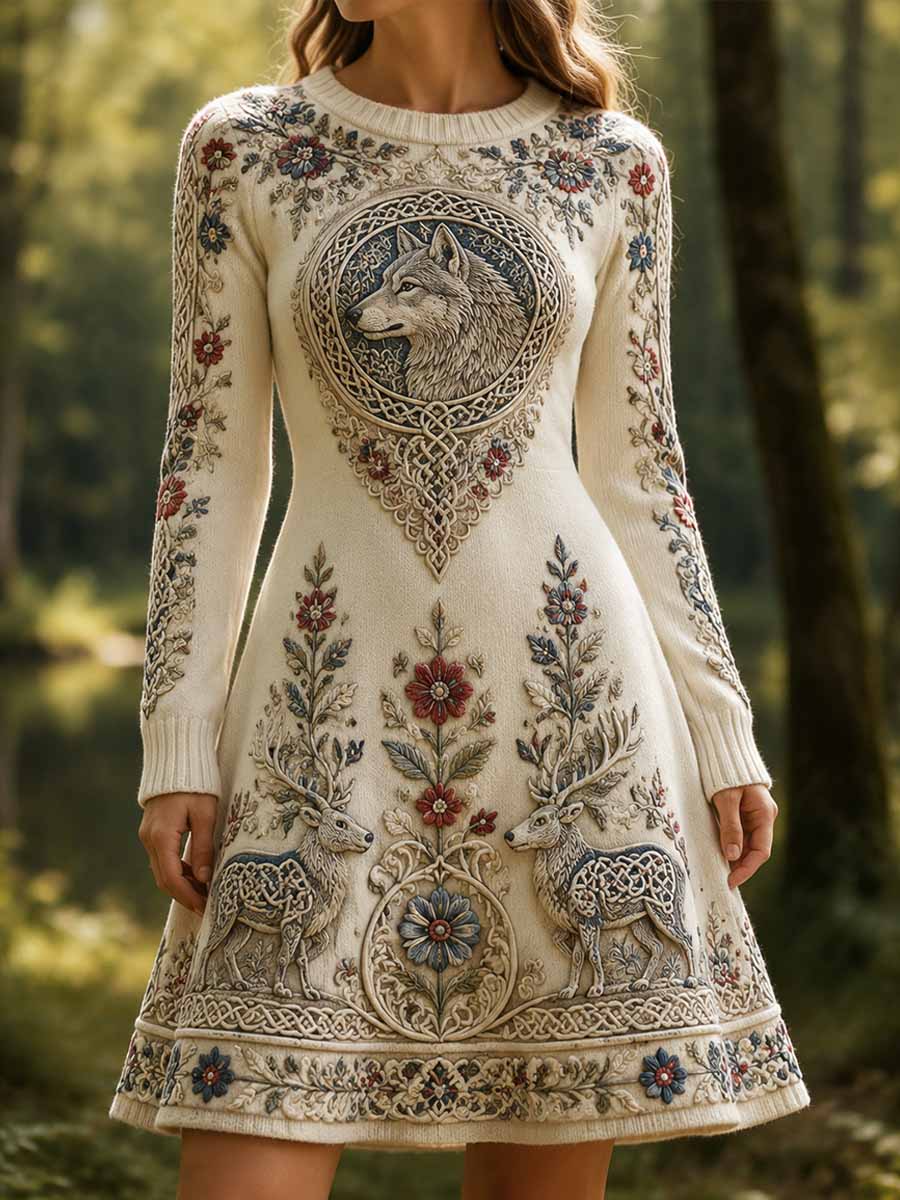 Kvinners vintage vikingklesdress med skogulv-print