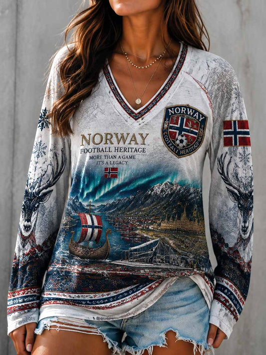 Kvinners retro fotball-gjenkjennelsesmønster V-utringning svetterøy