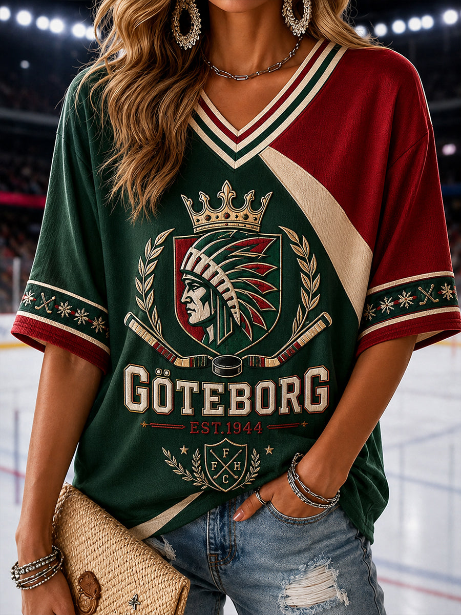 Damtröja i vintagestil från Göteborg Hockey, med broderat mönster, linne och v-ringning