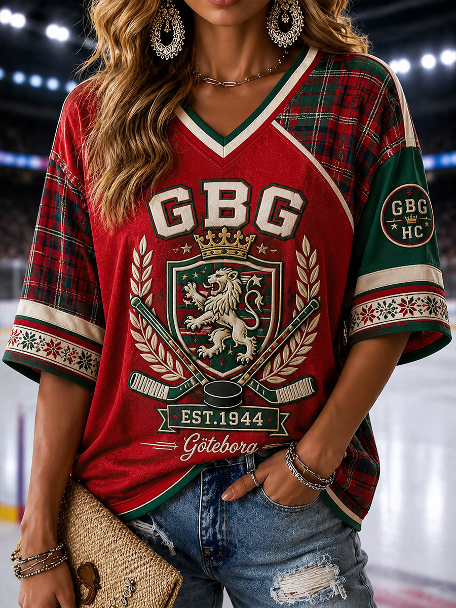 Damtröja i vintagestil från Göteborg Hockey, med broderat mönster, linne och v-ringning