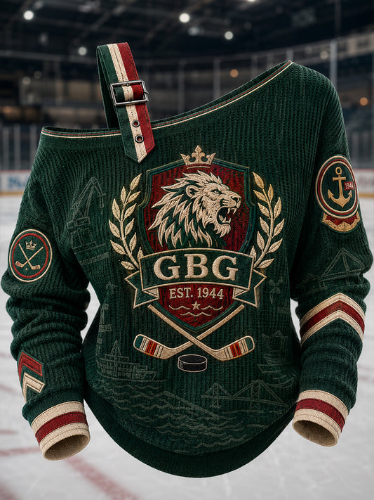 Vintage Göteborg Hockey-printad avslappnad axellös tröja för kvinnor