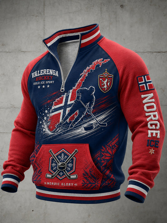 Herrliggående raglanerme langærmet glidelåstop med ishockeymotiv