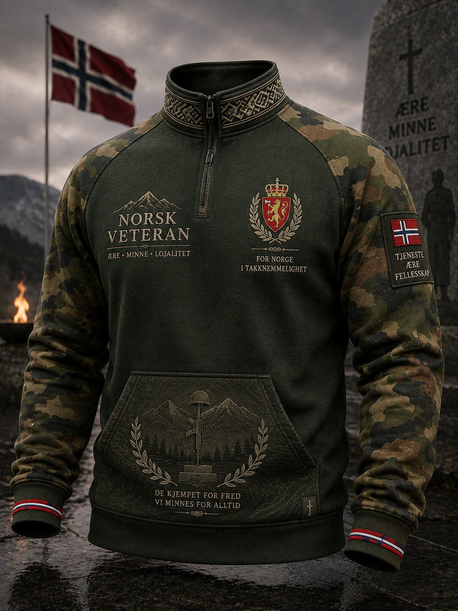 Genser med glidelås for menn, med vintage kamouflagemønster og militært inspirert grafisk trykk