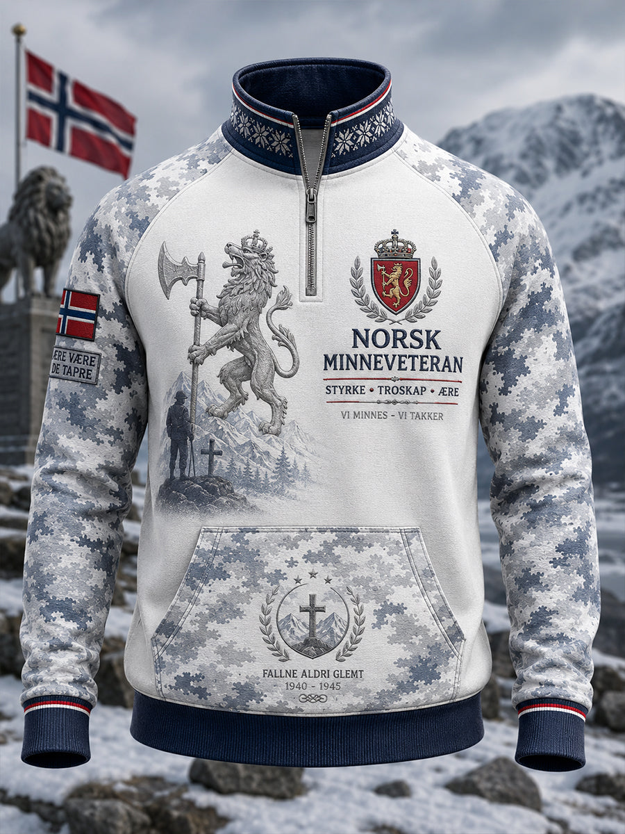 Genser med glidelås for menn, med vintage kamouflagemønster og militært inspirert grafisk trykk