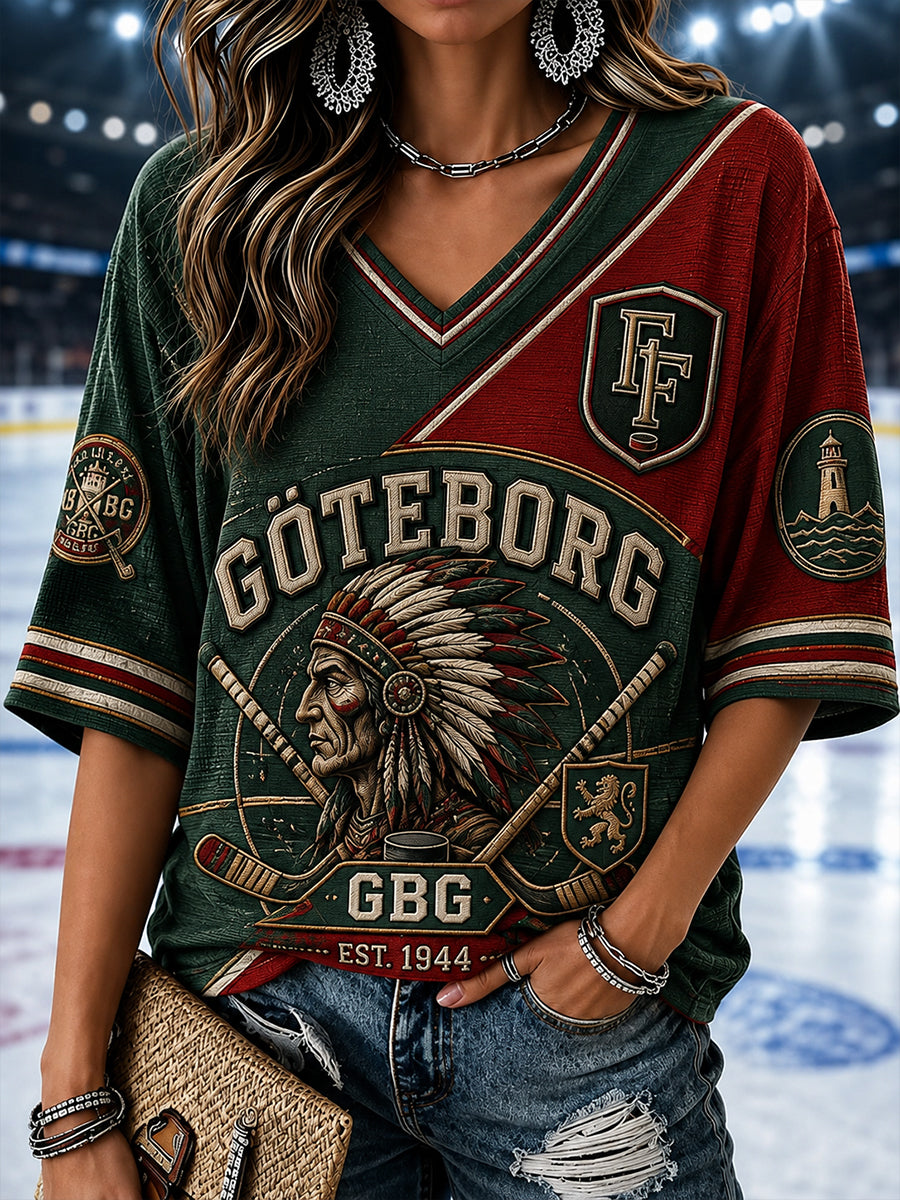 Damtröja i linne med V-ringning, Göteborg Hockey Heritage-mönster, 1944