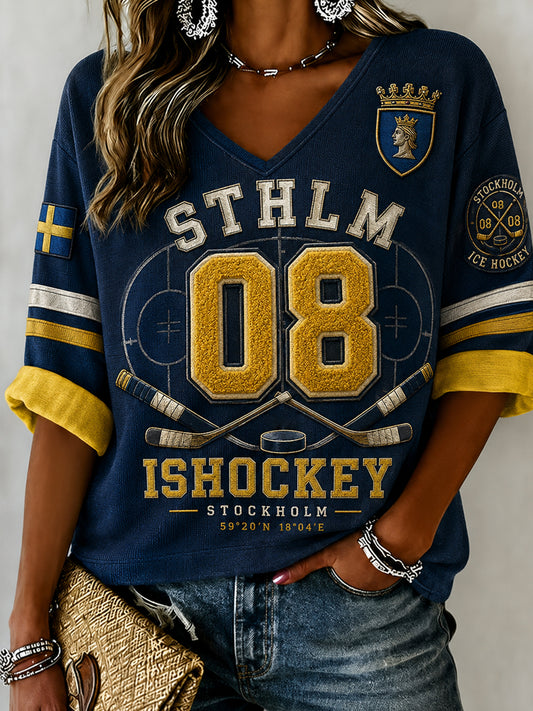 Damskjorta i linne med V-ringning, Stockholms Ishockey 1891-mönster