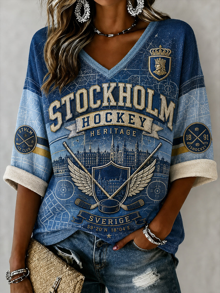 Damskjorta i linne med V-ringning, Stockholms Ishockey 1891-mönster