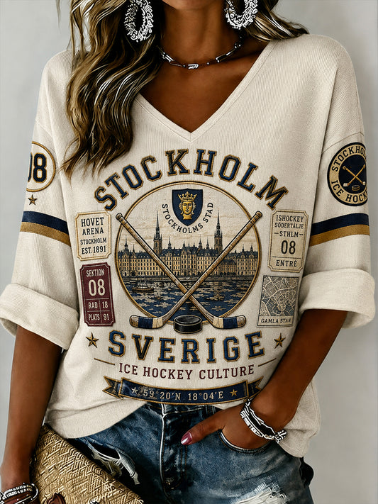 Damskjorta i linne med V-ringning, Stockholms Ishockey 1891-mönster