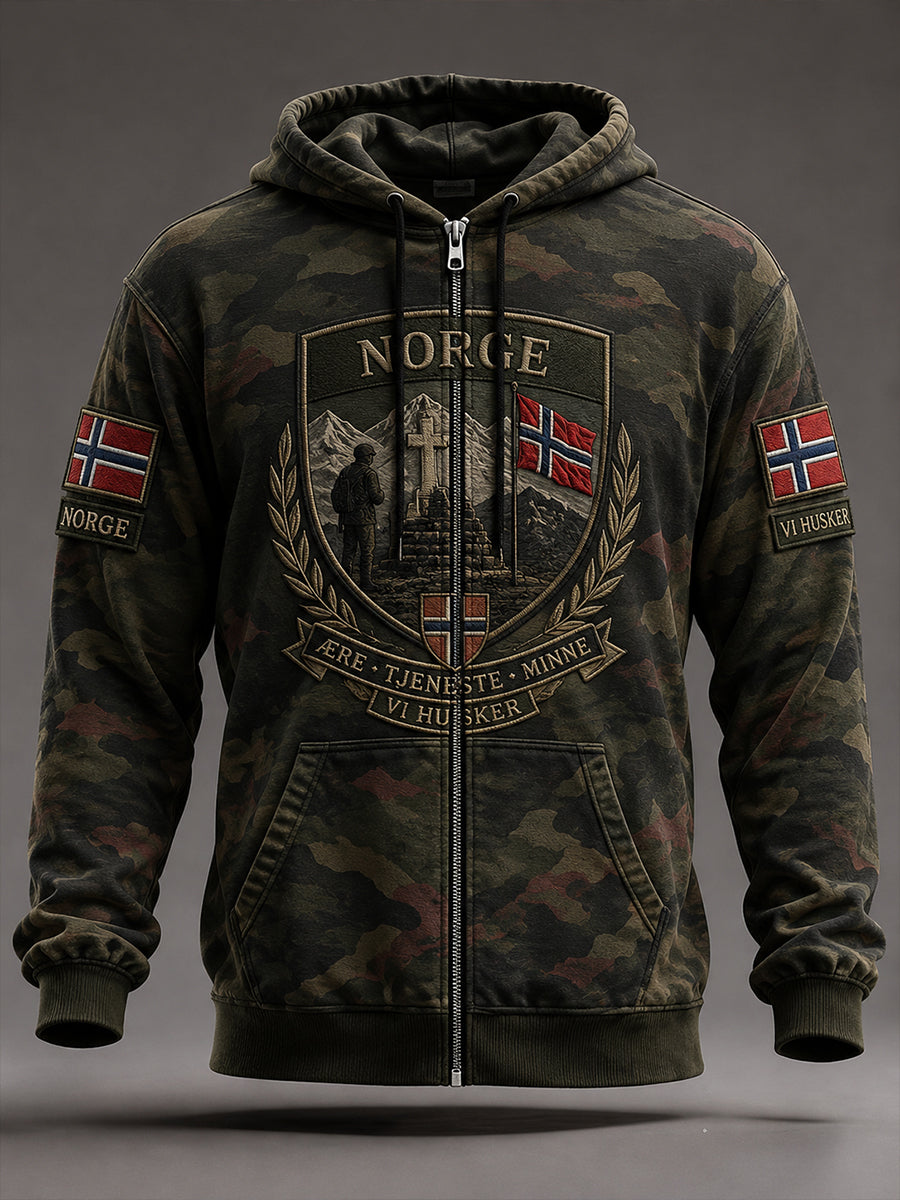 Menns Vintage Kamouflage Militær-stil Skriv lang-ærme Zip-Up Hoodie.
