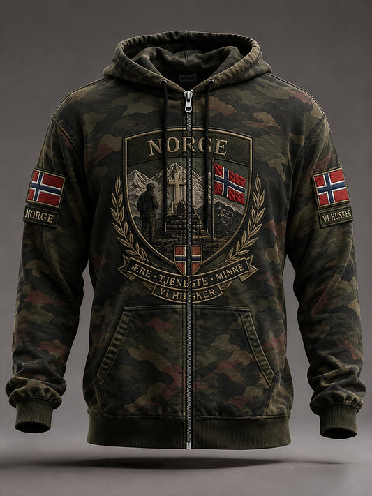 Menns Vintage Kamouflage Militær-stil Skriv lang-ærme Zip-Up Hoodie.
