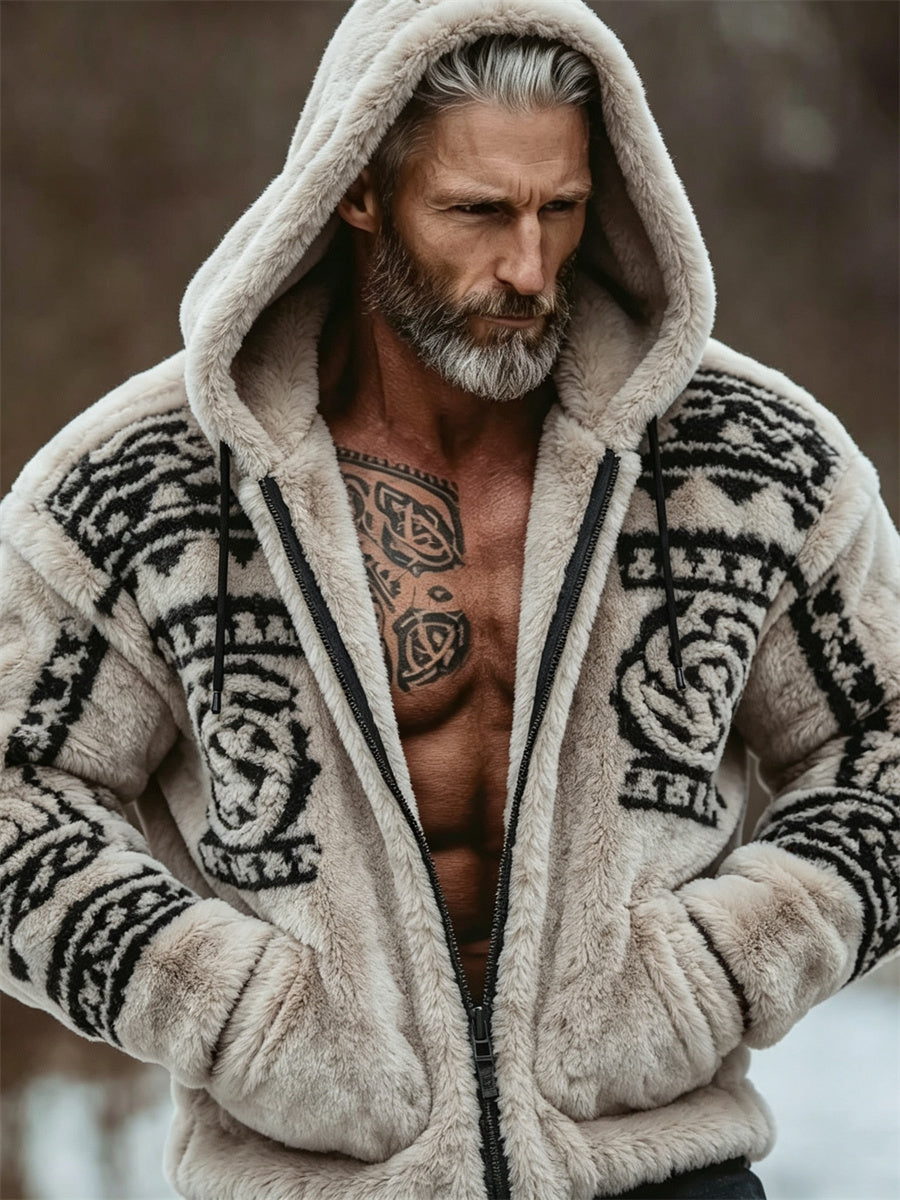 Mansvintage vikingkeltiskt knutmönstrat mysigt flanellhuvtröja med full dragkedja