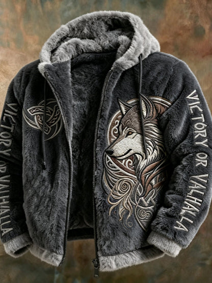 Herrlig vikingatröja i tribaljacquard med keltiska mönster och vargar – mjuk, varm jacka med dragkedja och huva