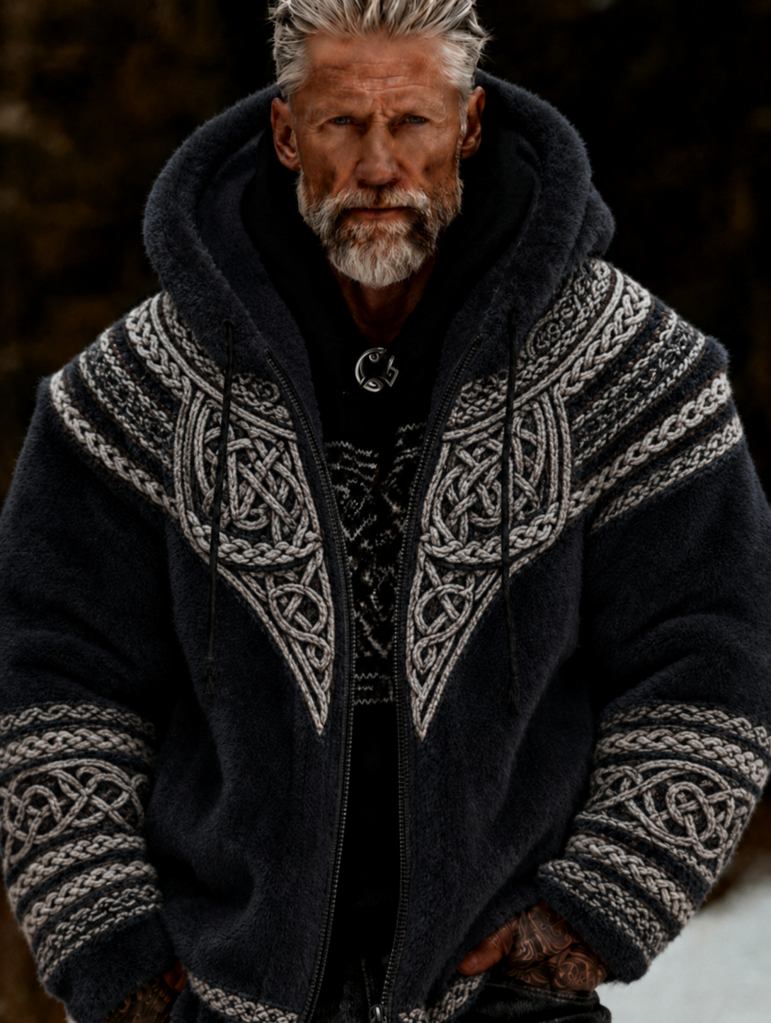 Herrlig viking- och keltiskt konstnärlig plyschjacka med dragkedja och huva, mysigt varm