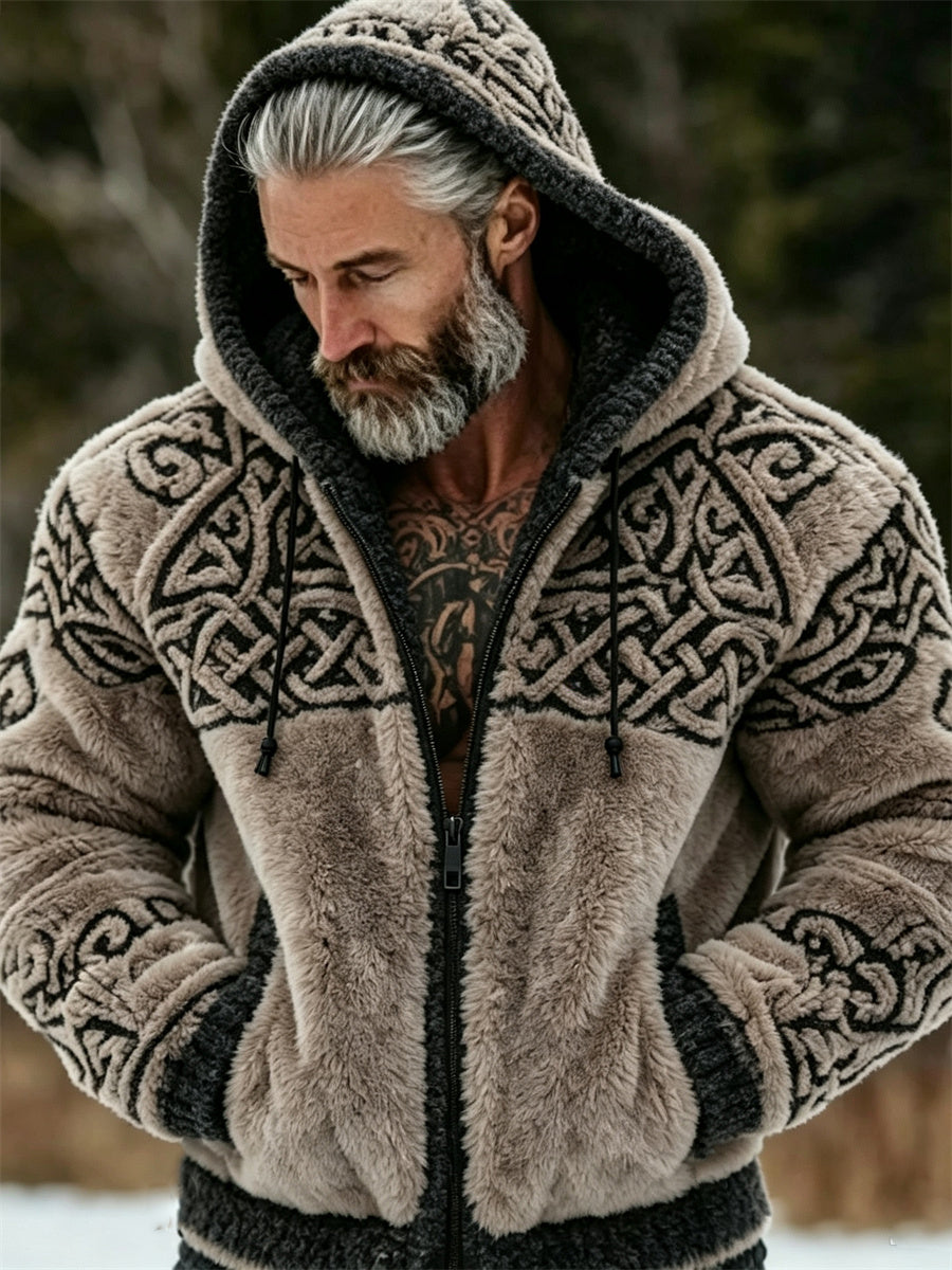 Mansvintage vikingkeltiskt knutmönstrat mysigt flanellhuvtröja med full dragkedja