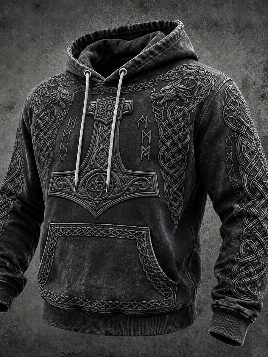 Mansvintage vikinginspirerad keltiskt mönstrad mysig vintage-huudie